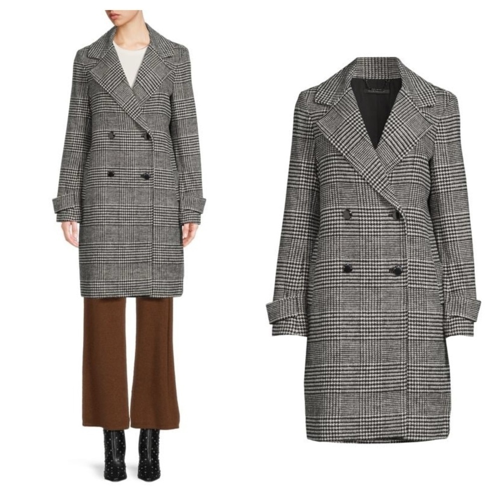 Elie Tahari / Wool Blend Black White Houndstooth plaid  double breasted coat XS